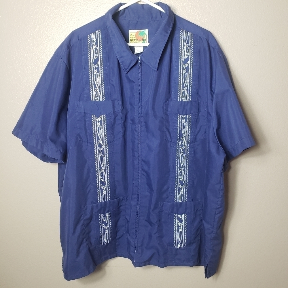 Haband Guayabera VTG Mens Navy Embroidered Short Sleeve Zip Front Shirt-Size 4X